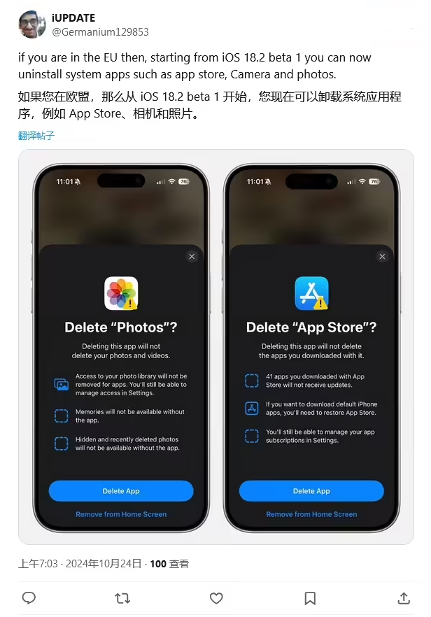 松桃苹果手机维修分享iOS 18.2 支持删除 App Store 应用商店 